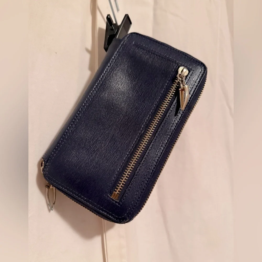 Tusk New York Navy Blue Leather Madison Double Zip Clutch 8